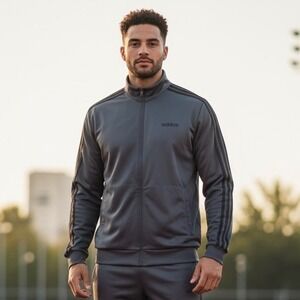 Adidas Classic Track Jacket Men Large 3 Stripe Logo‎ Full Zip Dark Gray Black